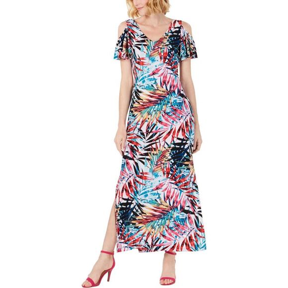 Connected Apparel Dresses & Skirts - Connected Apparel Womens Blue Floral Cold Shoulder V-Neck Maxi Dress NWOT